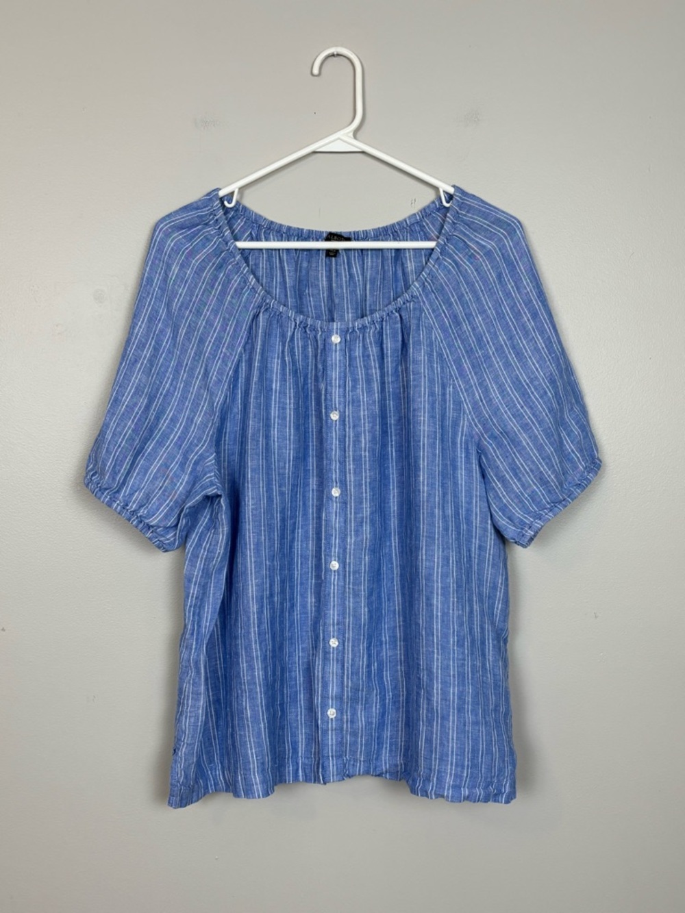 Talbots Petites Top Womens XLP Blue White Striped 100% Linen Short Sleeve Blouse